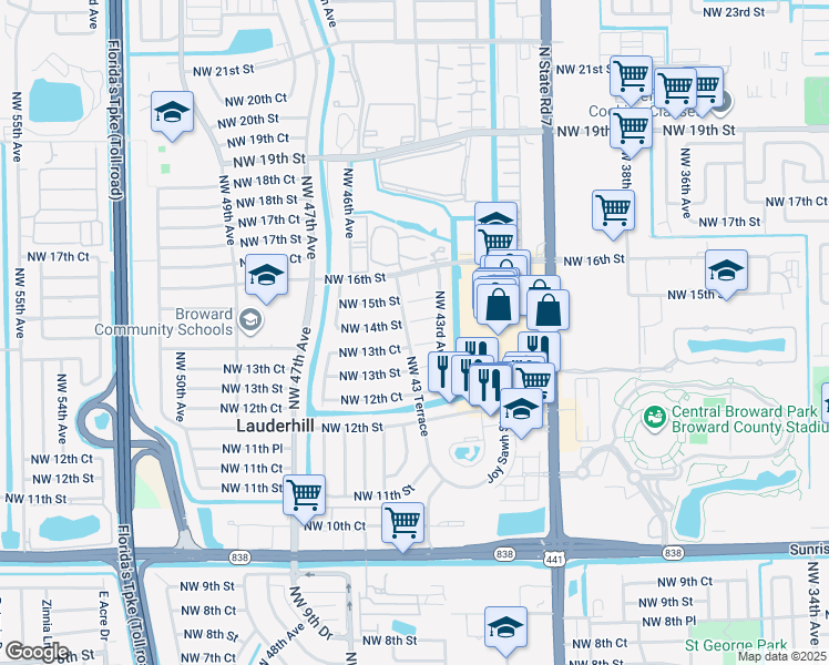 map of restaurants, bars, coffee shops, grocery stores, and more near 1380 Northwest 43 Terrace in Lauderhill