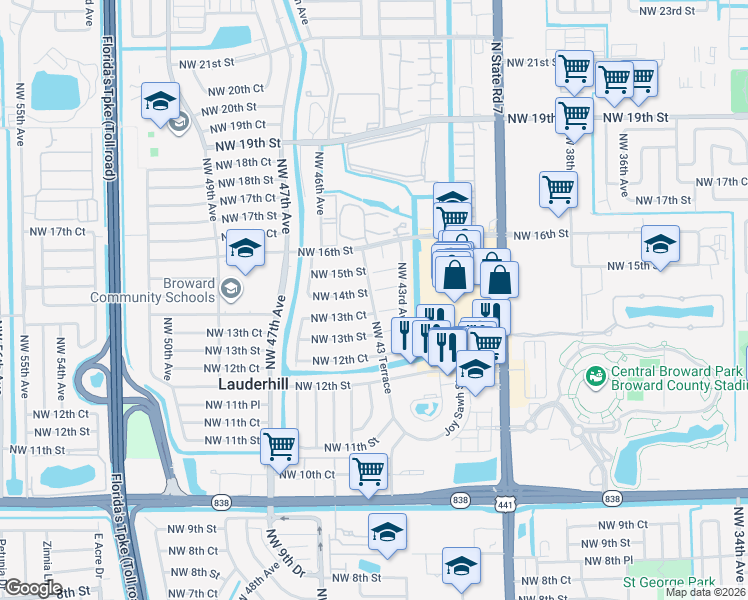 map of restaurants, bars, coffee shops, grocery stores, and more near 1380 Northwest 43 Terrace in Lauderhill