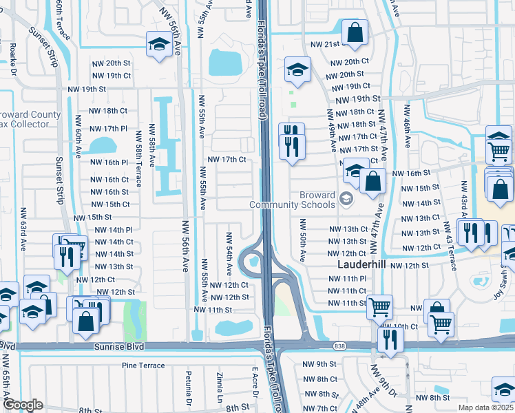 map of restaurants, bars, coffee shops, grocery stores, and more near 1514 Northwest 52nd Avenue in Lauderhill