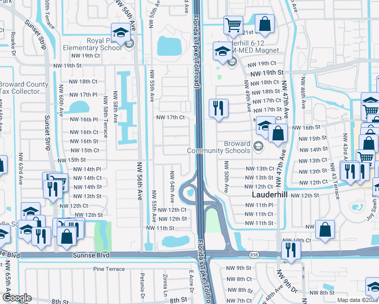 map of restaurants, bars, coffee shops, grocery stores, and more near 1514 Northwest 52nd Avenue in Lauderhill