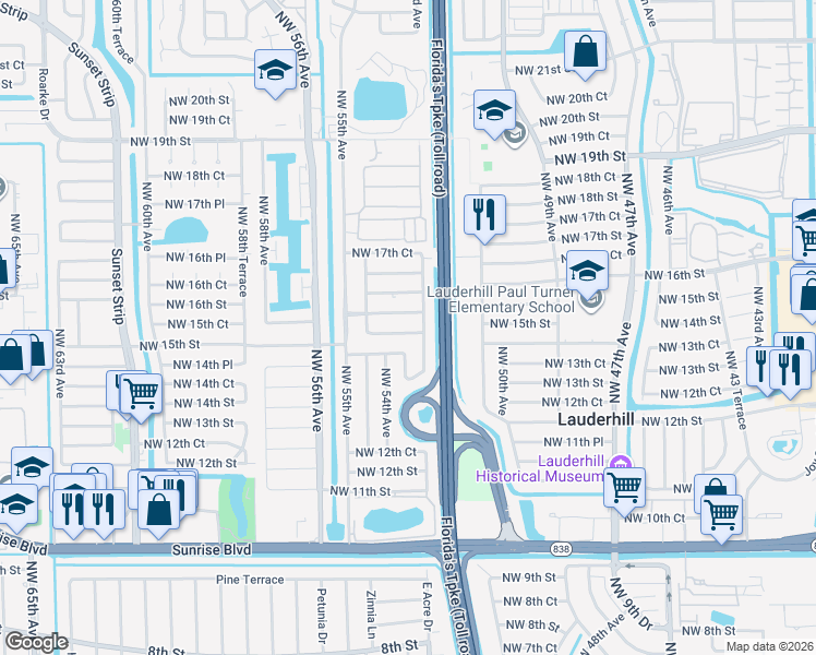 map of restaurants, bars, coffee shops, grocery stores, and more near 5325 Northwest 15th Court in Lauderhill