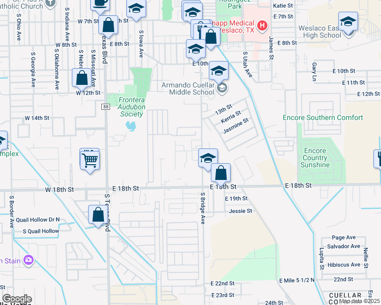 map of restaurants, bars, coffee shops, grocery stores, and more near 1522 South Bridge Avenue in Weslaco