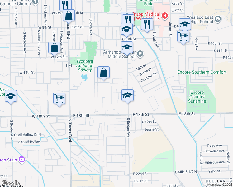 map of restaurants, bars, coffee shops, grocery stores, and more near 1601 South Oregon Avenue in Weslaco