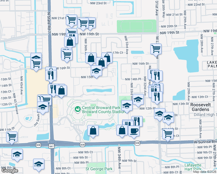 map of restaurants, bars, coffee shops, grocery stores, and more near 3436 Northwest 14th Court in Lauderhill