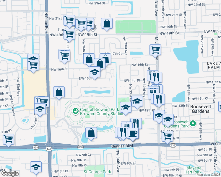 map of restaurants, bars, coffee shops, grocery stores, and more near 1436 Northwest 34th Way in Lauderhill