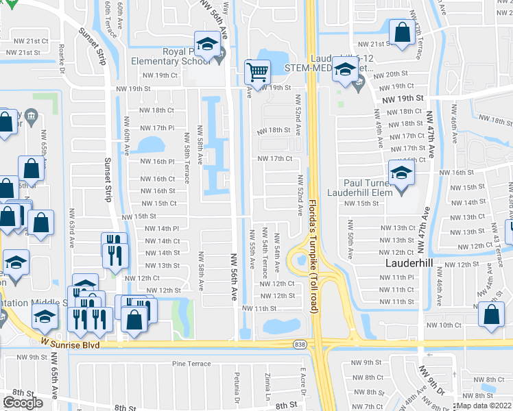 map of restaurants, bars, coffee shops, grocery stores, and more near 1520 Northwest 55th Avenue in Lauderhill