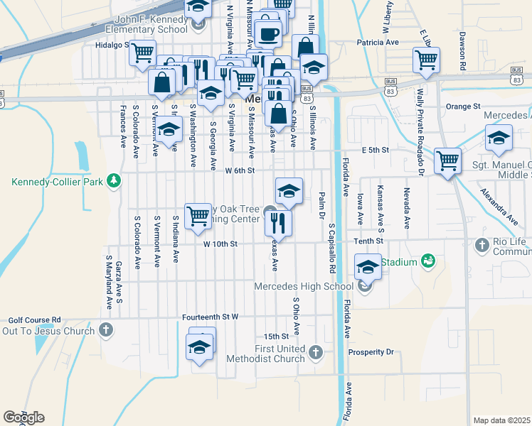 map of restaurants, bars, coffee shops, grocery stores, and more near 813 South Texas Avenue in Mercedes