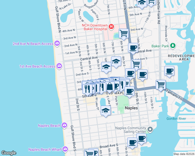 map of restaurants, bars, coffee shops, grocery stores, and more near 477 3rd Avenue South in Naples