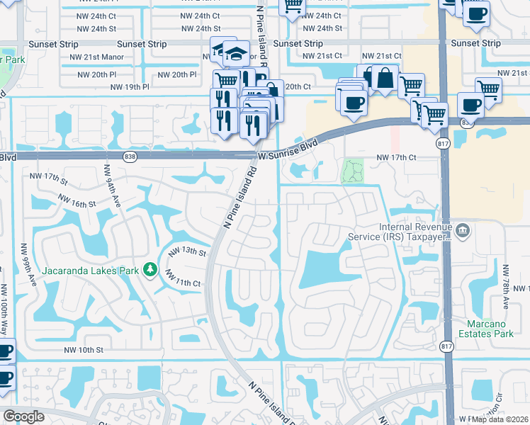 map of restaurants, bars, coffee shops, grocery stores, and more near 8831 Northwest 16th Street in Plantation