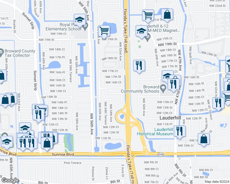 map of restaurants, bars, coffee shops, grocery stores, and more near 5301 Northwest 15th Court in Lauderhill