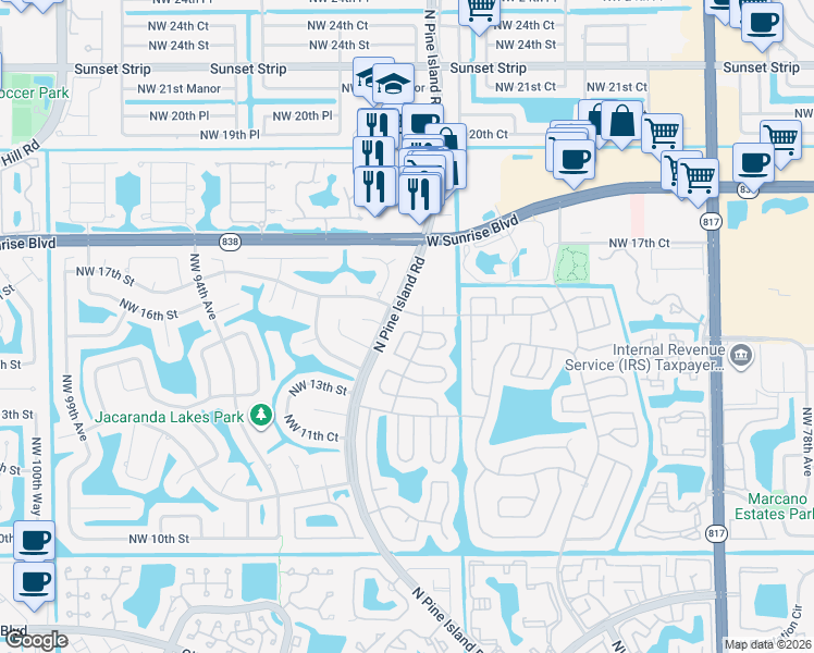 map of restaurants, bars, coffee shops, grocery stores, and more near 9021 Northwest 15th Place in Plantation