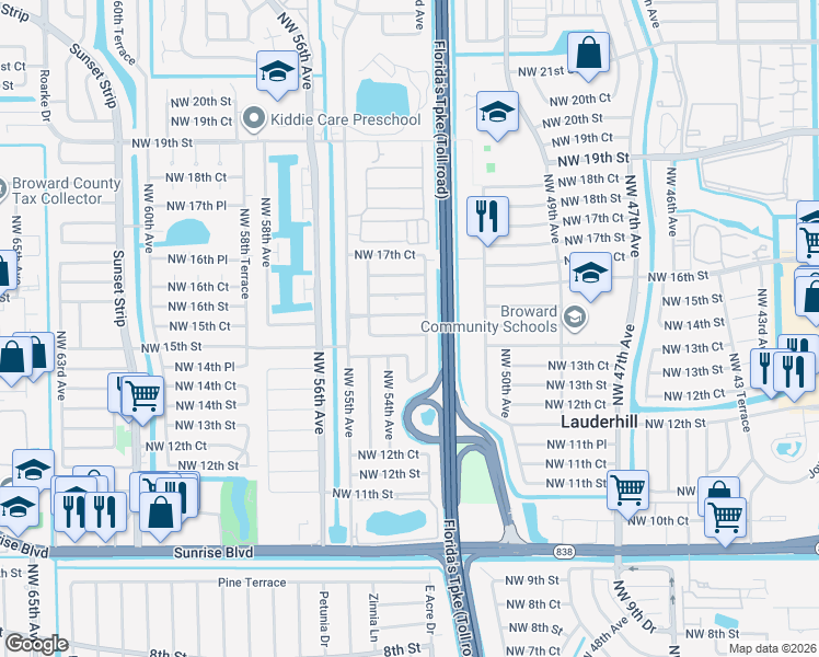 map of restaurants, bars, coffee shops, grocery stores, and more near 5325 Northwest 15th Court in Lauderhill