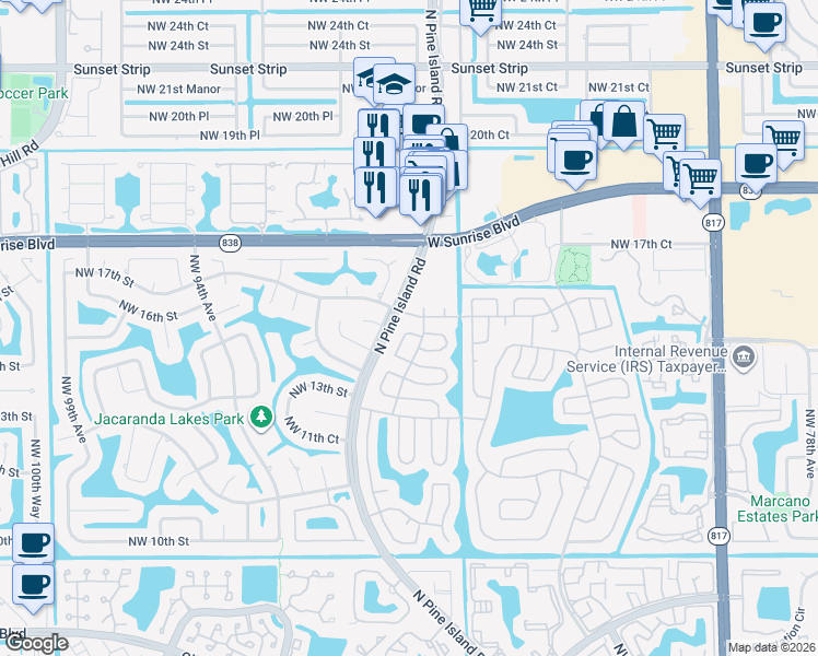 map of restaurants, bars, coffee shops, grocery stores, and more near 9021 Northwest 15th Place in Plantation