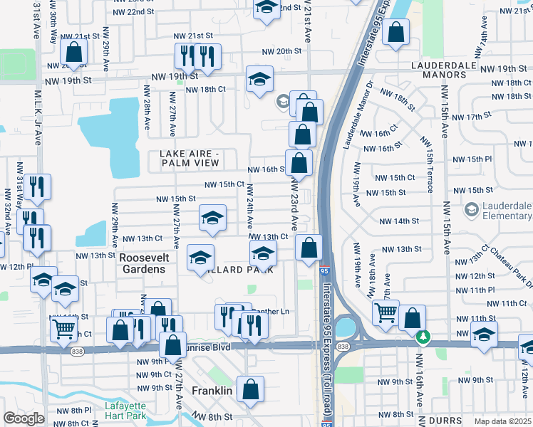 map of restaurants, bars, coffee shops, grocery stores, and more near 2340 Northwest 14th Court in Fort Lauderdale