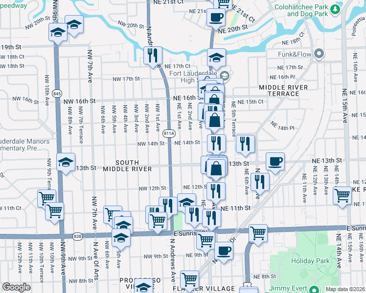 map of restaurants, bars, coffee shops, grocery stores, and more near 1336 Northeast 1st Avenue in Fort Lauderdale