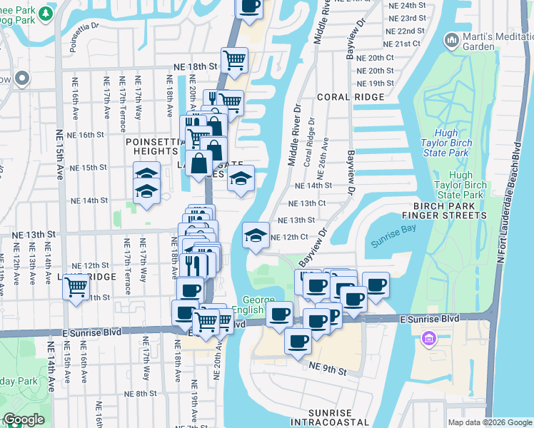 map of restaurants, bars, coffee shops, grocery stores, and more near 1309 Middle River Drive in Fort Lauderdale