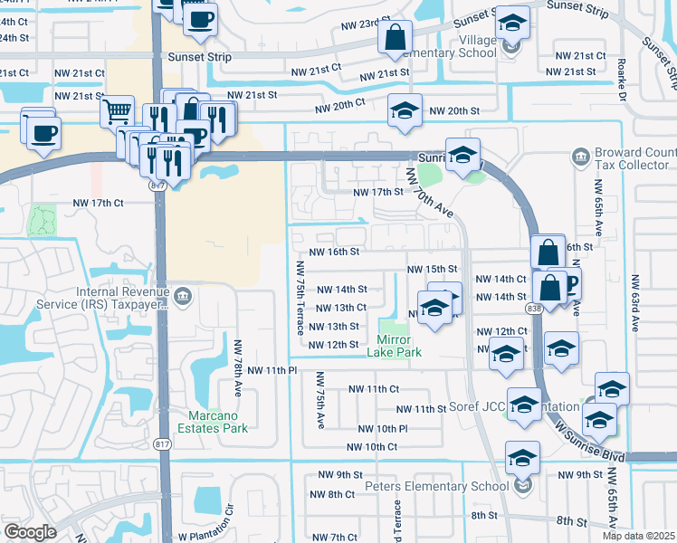 map of restaurants, bars, coffee shops, grocery stores, and more near 7440 Northwest 15th Street in Plantation