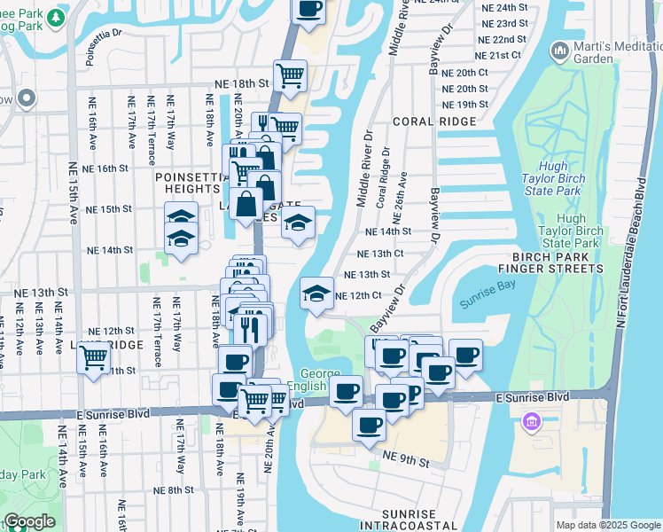 map of restaurants, bars, coffee shops, grocery stores, and more near 1309 Middle River Drive in Fort Lauderdale