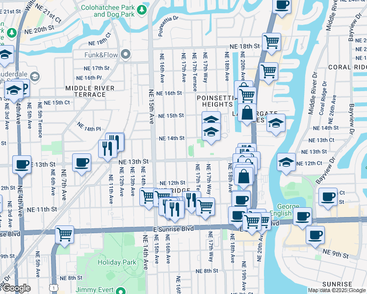 map of restaurants, bars, coffee shops, grocery stores, and more near 1326 Northeast 16th Terrace in Fort Lauderdale