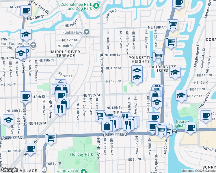 map of restaurants, bars, coffee shops, grocery stores, and more near 1324 Northeast 15th Avenue in Fort Lauderdale