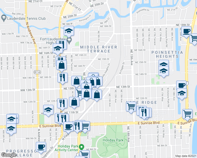 map of restaurants, bars, coffee shops, grocery stores, and more near 1331 Holly Heights Drive in Fort Lauderdale