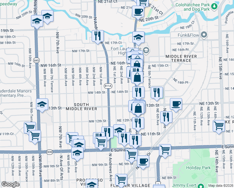 map of restaurants, bars, coffee shops, grocery stores, and more near 1336 Northeast 1st Avenue in Fort Lauderdale