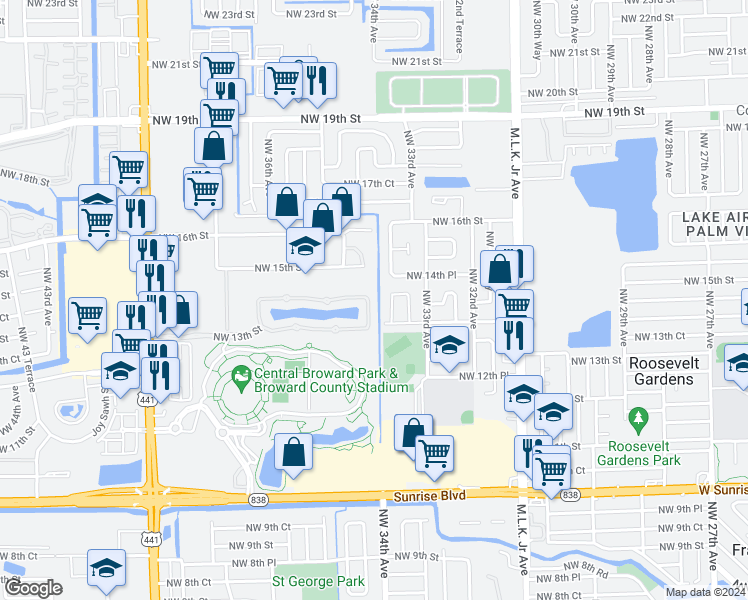 map of restaurants, bars, coffee shops, grocery stores, and more near 1436 Northwest 34th Way in Lauderhill