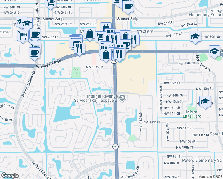 map of restaurants, bars, coffee shops, grocery stores, and more near 1426 Northwest 80th Way in Plantation