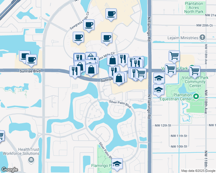 map of restaurants, bars, coffee shops, grocery stores, and more near 1630 Northwest 128th Drive in Sunrise