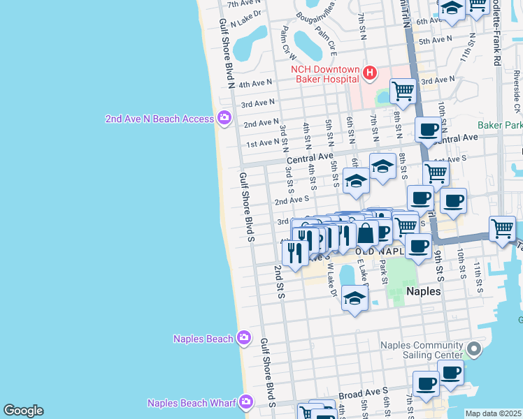 map of restaurants, bars, coffee shops, grocery stores, and more near 154 2nd Avenue South in Naples