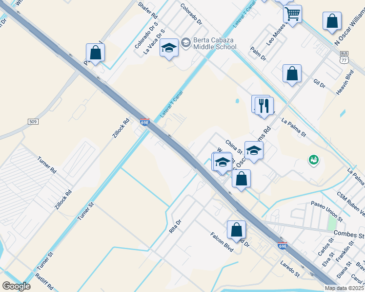 map of restaurants, bars, coffee shops, grocery stores, and more near 2053 West Expressway 83 in San Benito
