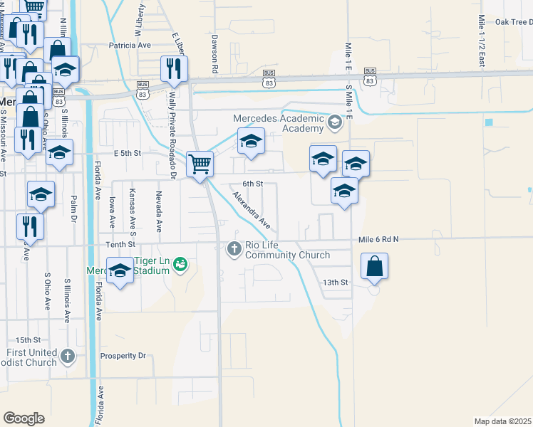 map of restaurants, bars, coffee shops, grocery stores, and more near 844 David Avenue in Mercedes