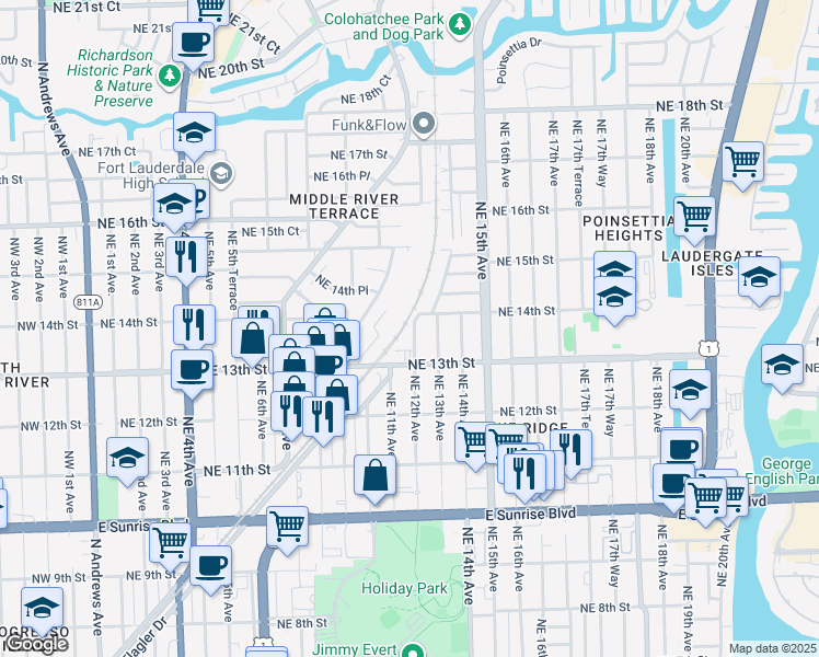 map of restaurants, bars, coffee shops, grocery stores, and more near 1337 Northeast 12th Avenue in Fort Lauderdale