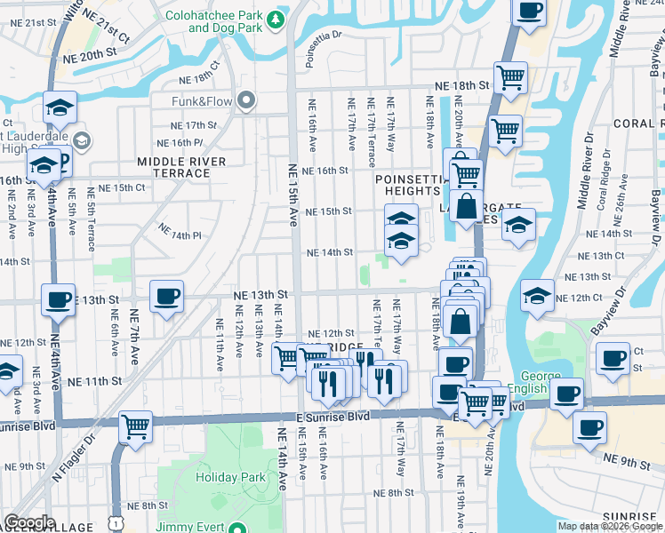 map of restaurants, bars, coffee shops, grocery stores, and more near 1326 Northeast 16th Terrace in Fort Lauderdale