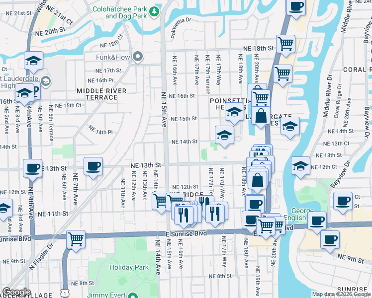 map of restaurants, bars, coffee shops, grocery stores, and more near 1333 Northeast 16th Terrace in Fort Lauderdale