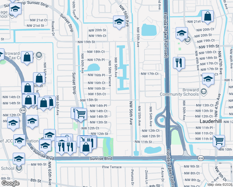 map of restaurants, bars, coffee shops, grocery stores, and more near 5716 Northwest 16th Street in Lauderhill