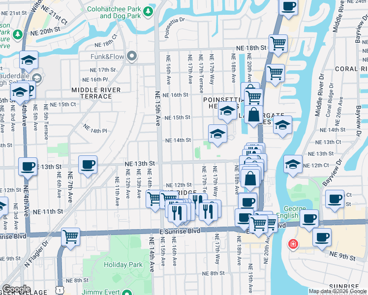 map of restaurants, bars, coffee shops, grocery stores, and more near 1326 Northeast 16th Terrace in Fort Lauderdale