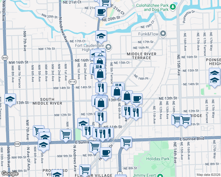map of restaurants, bars, coffee shops, grocery stores, and more near 1333 Northeast 5th Terrace in Fort Lauderdale