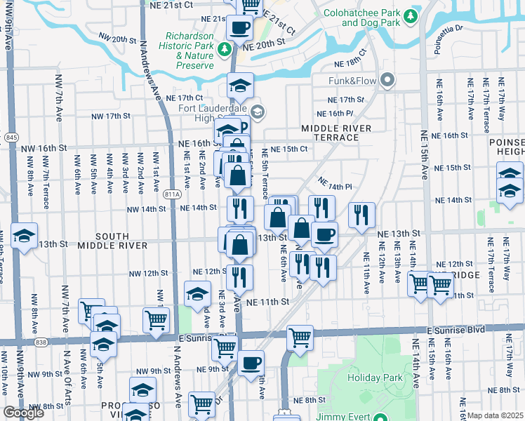 map of restaurants, bars, coffee shops, grocery stores, and more near 1333 Northeast 5th Terrace in Fort Lauderdale