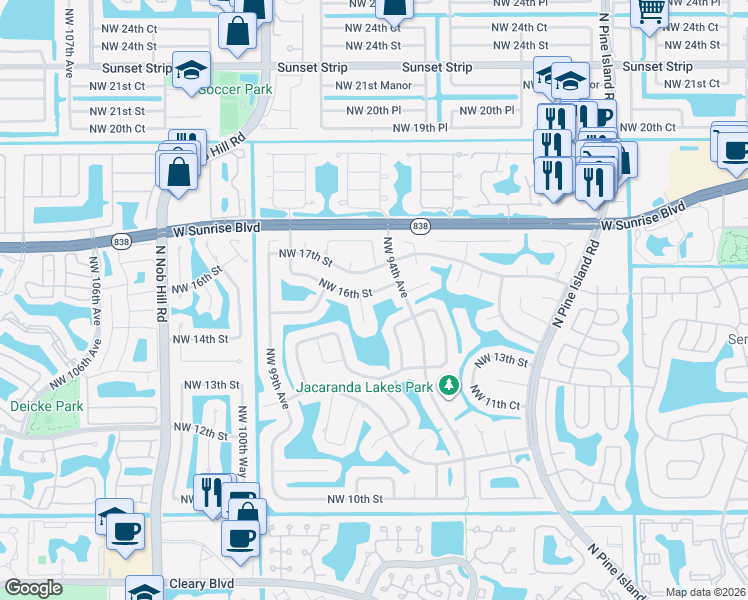 map of restaurants, bars, coffee shops, grocery stores, and more near 1560 Northwest 96th Avenue in Plantation