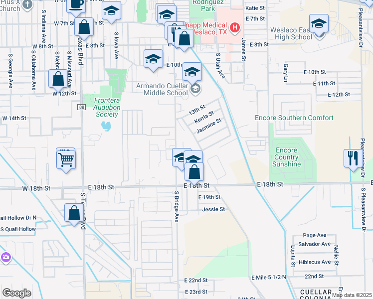map of restaurants, bars, coffee shops, grocery stores, and more near 1601 South Bridge Avenue in Weslaco