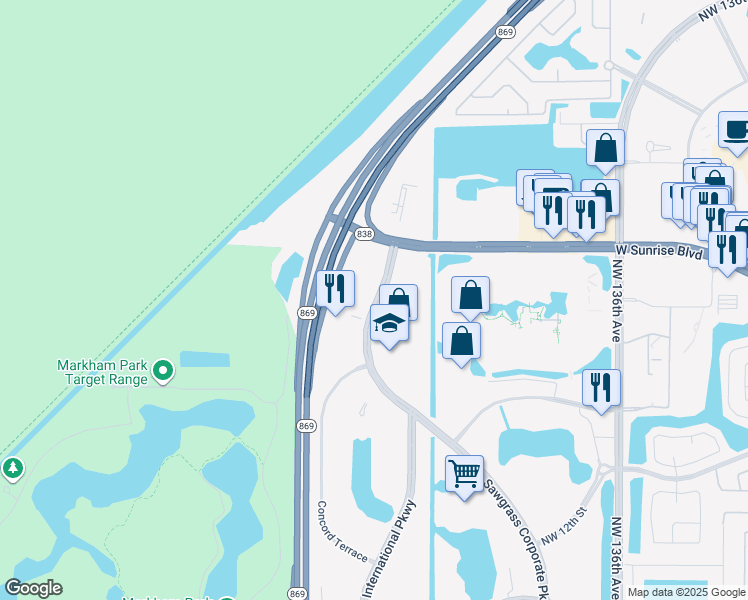 map of restaurants, bars, coffee shops, grocery stores, and more near 1601 Sawgrass Corporate Parkway in Sunrise