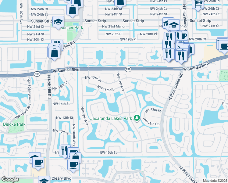 map of restaurants, bars, coffee shops, grocery stores, and more near 1560 Northwest 96th Avenue in Plantation