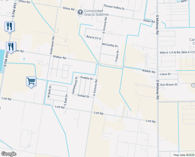 map of restaurants, bars, coffee shops, grocery stores, and more near 1814 South Victoria Road in Donna