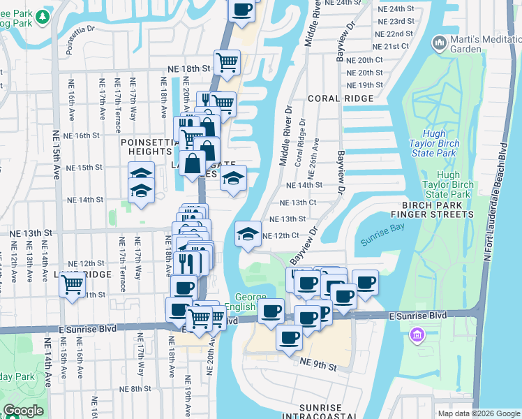 map of restaurants, bars, coffee shops, grocery stores, and more near 1309 Middle River Drive in Fort Lauderdale