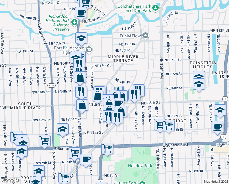 map of restaurants, bars, coffee shops, grocery stores, and more near 717 Northeast 13th Court in Fort Lauderdale