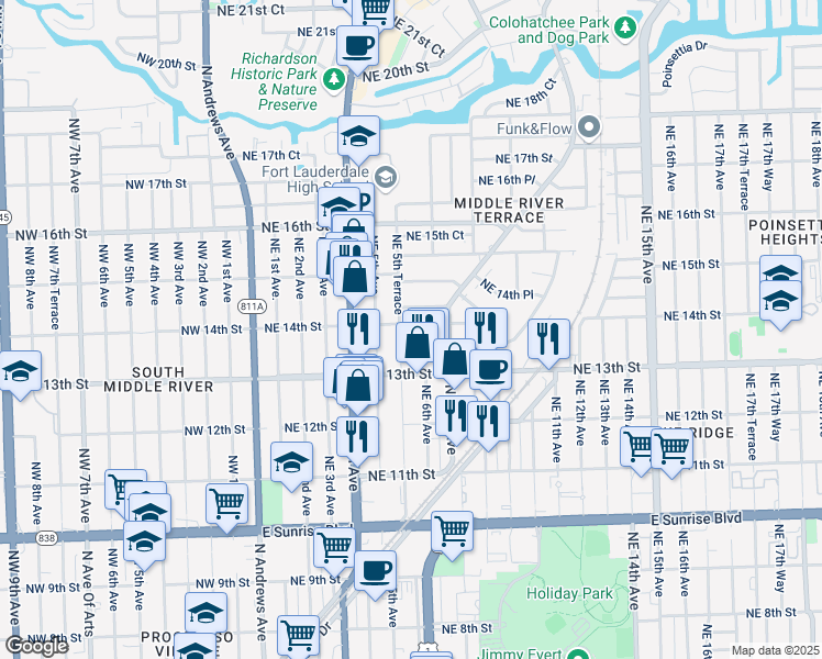 map of restaurants, bars, coffee shops, grocery stores, and more near 1333 Northeast 5th Terrace in Fort Lauderdale