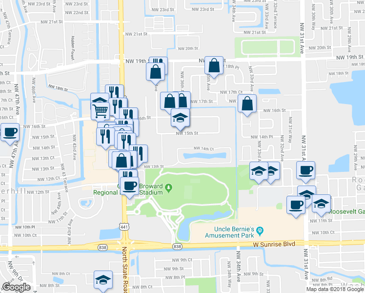 map of restaurants, bars, coffee shops, grocery stores, and more near 3602 Northwest 14th Court in Lauderhill