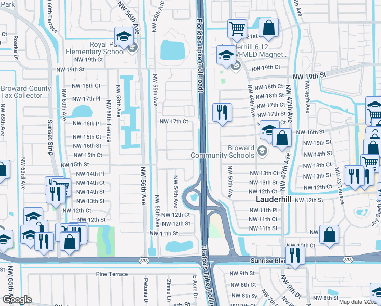 map of restaurants, bars, coffee shops, grocery stores, and more near 1514 Northwest 52nd Avenue in Lauderhill