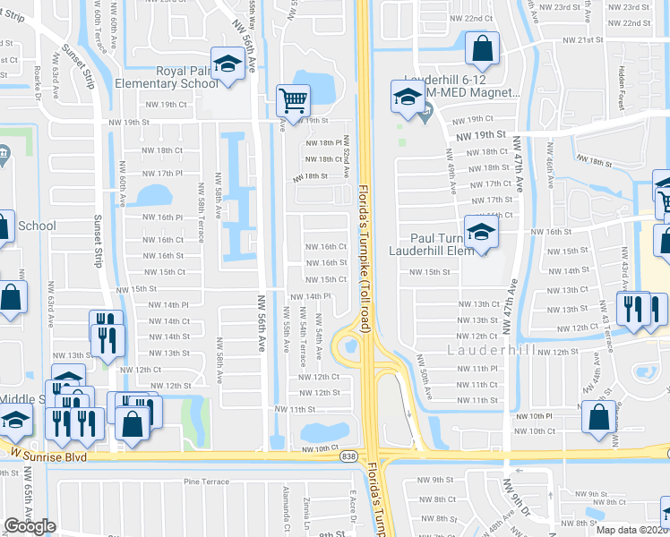 map of restaurants, bars, coffee shops, grocery stores, and more near 5325 Northwest 15th Court in Lauderhill
